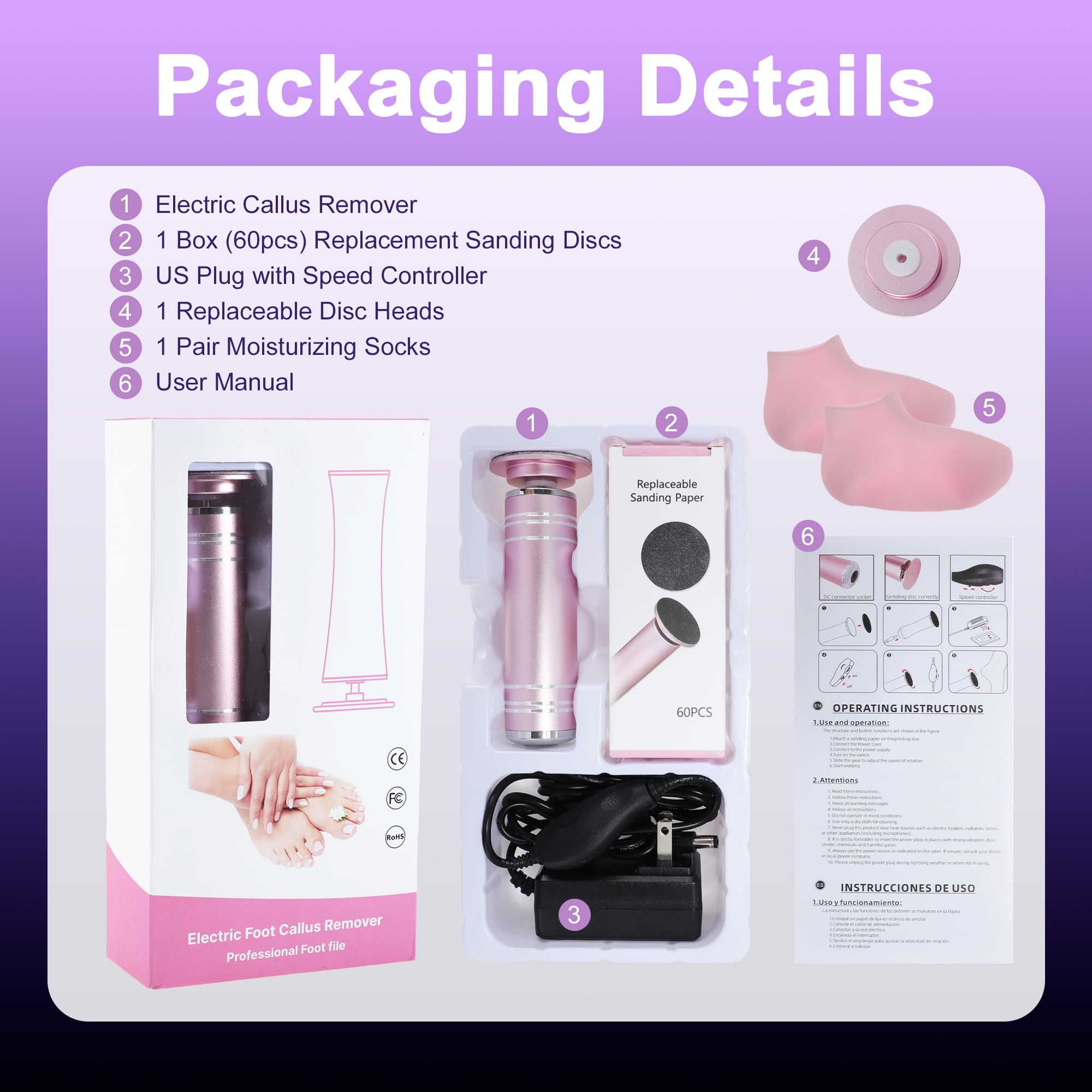 Unique Bargains 1200RPM Electric Callus Remover for Feet 2 Replaceable Grinding Discs 60 Sandpaper Discs 1 Moisturizing Socks Professional Pedicure Tool Kit for Dead Skin & Hard Cracked Heels