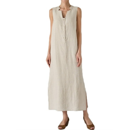 ZANZEA - Women's Vintage V-Neck Sleeveless Solid Split Hem Long Dresses ...