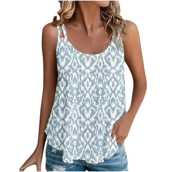 Staron Women's Spring Summer Eyelet Embroidery Tank Top Casual Loose Round Neck Sleeveless Blouse with Print Fashion Trendy Vacation Beach, Light Blue M