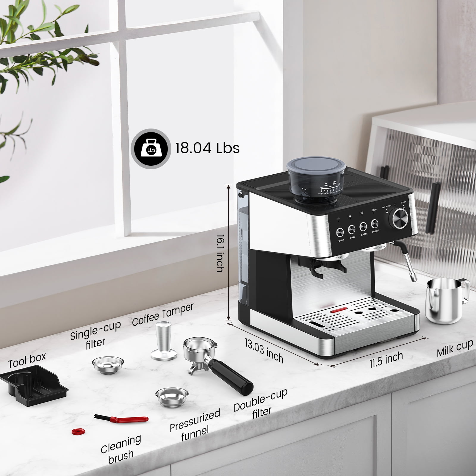 Espresso Machine with Grinder, 15 Bar Expresso Coffee Machines with Milk Frother Steam Wand, Professional Coffee Maker with Removable Water Tank, Cappuccino & Latte Machine for Home