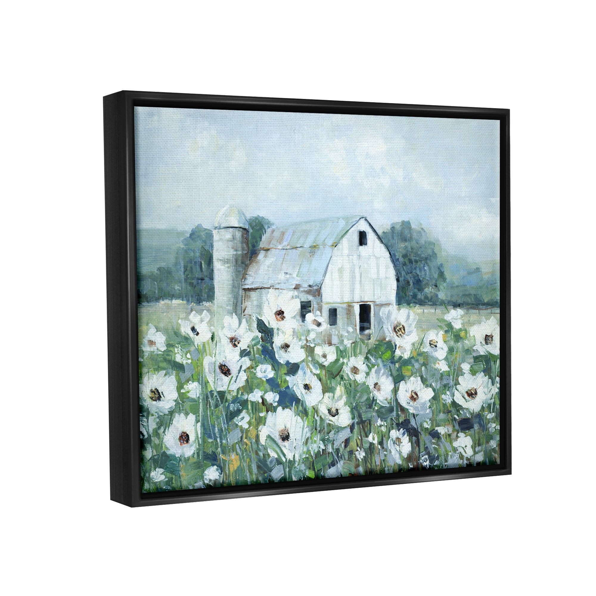 Stupell Industries Rural Anemone Flower Meadow White Farmland Barn Painting Jet Black Floating Framed Canvas Print Wall Art, Design by Sally Swatland