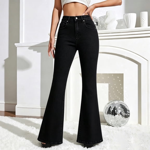 ClodeEU Women's High Waist Flare Jeans,Stretchy Bell Bottom Denim Pants with Pockets Black,Women's Plus L