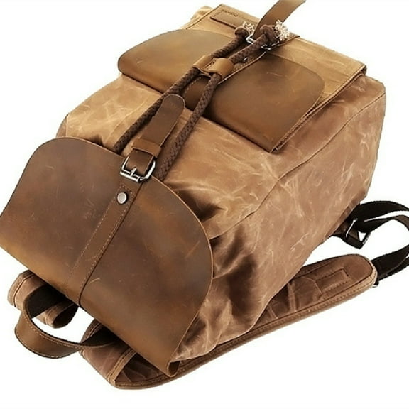 Waterproof Outdoor Travel Crazy Horse Leather Casual Nylon Men's Backpack Canvas Bag,Black