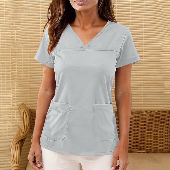 Xdegoge V Neck T Shirts for Women Short Sleeve Casual Everyday Workwear Basic Relaxed Fit Solid Double Pockets Detail Soft Breathable Summer Tops