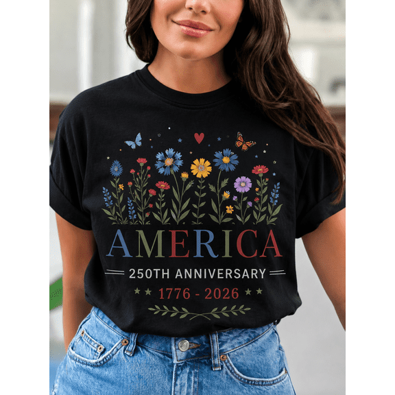 America 250th Anniversary Floral T-Shirt for Women, Patriotic Wildflower Graphic Tee, USA 1776-2026 Celebration Shirt