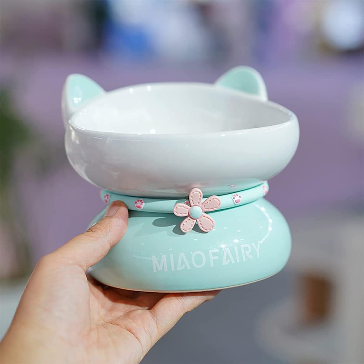 Fairela™ Elevated Ceramic Cat Bowl with Cute Ear Design - Anti-Slip Raised Stand Pet Food & Water Dish for Cats, Small Pets,Green