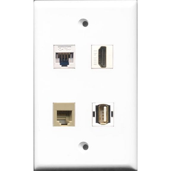 RiteAV - 1 Port HDMI and 1 Port USB A-A and 1 Port Phone RJ11 RJ12 Beige and 1 Port Cat5e Ethernet White Wall Plate