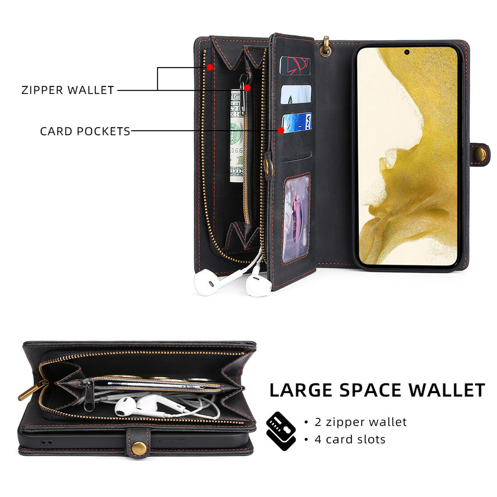 for Samsung Galaxy S24 Case for Women Men, Removable Durable PU Leather Magnetic Flip Strap Wristlet Zipper Purse Card Holder Detachable Wallet Phone Cases for Samsung Galaxy S24, Black