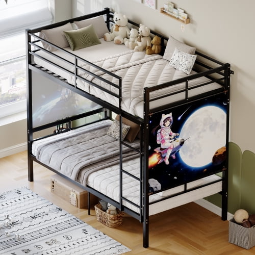 Twin Over Twin Metal Bunk Bed, Sturdy Frame with Ladder and Guardrail, Separates into 2 Beds, Space-Saving, No Box Spring Needed, Bedroom Dorm, Black