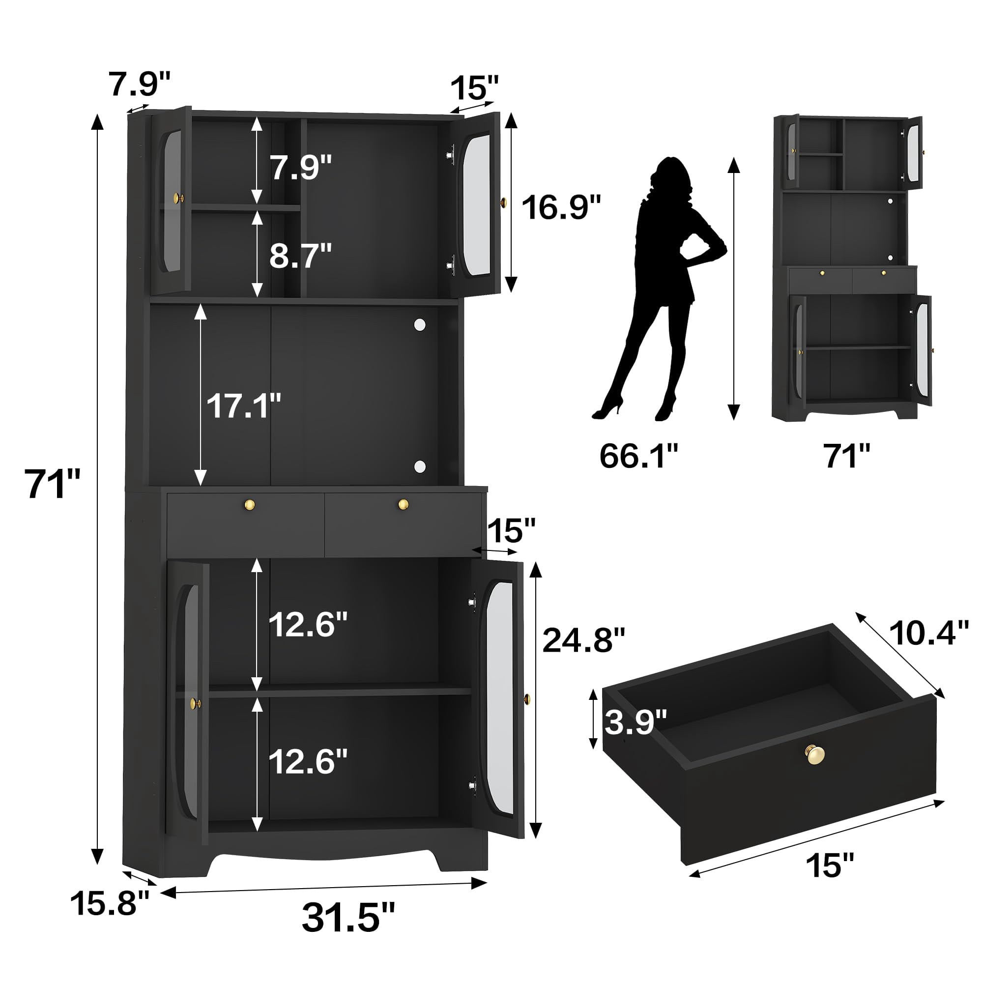 71" Kitchen Pantry Storage Cabinet with Lights and Charging Station, Tall Hutch Cabinet with Storage and Microwave Shelf for Dining Room, Black