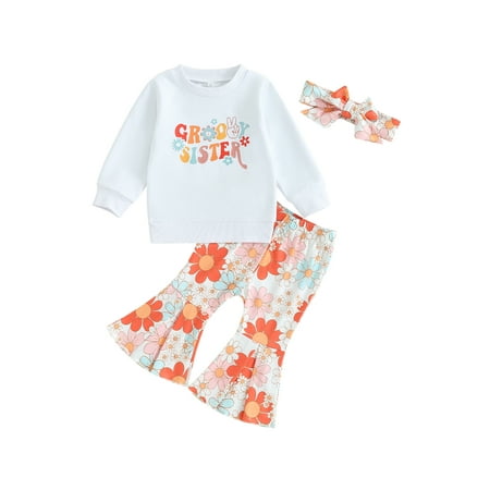 

3pcs Baby Girl Pants Set Letter Long Sleeve Sweatshirt Tops + Floral Flare Pants + Headband Toddler Fall Clothes