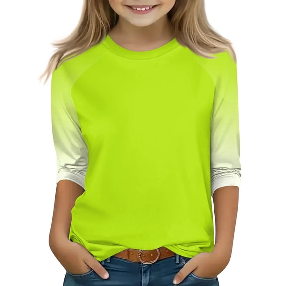 Raglan 3/4 Sleeve Shirts for Girls Casual Crew Neck Tops Solid Color Spring 2026 Blouses Light Green 120