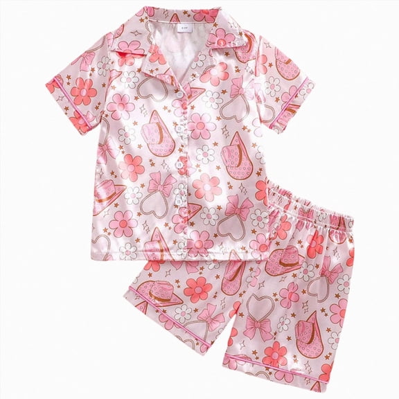kaprioy Toddler Baby Girls Summer Outfits 18 24 Months 2T 3T 4T 5T 6T 7T Satin Pajama Set Cartoon Cowboy Boot Print Top Shorts Soft Sleepwear Loungewear Set