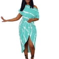 thumbnail image 2 of Bodycon Dresses for Women One Shoulder Fashion Stripe Printed Midi Dresses Short Sleeve Ruched Split Party Club Dress, 2 of 5