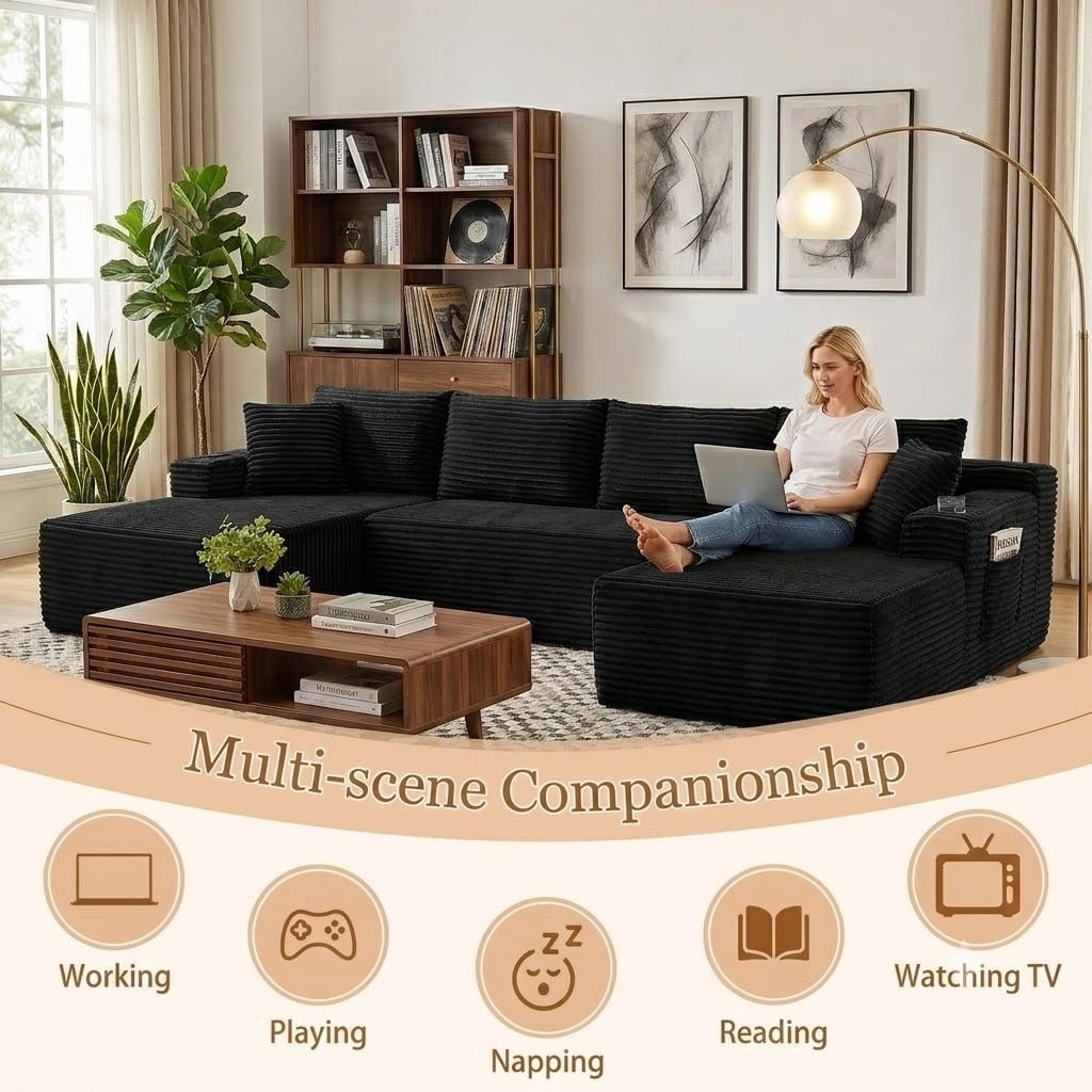 134 Inch Cloud Couch U-Shaped Modular Sectional Sofa, Deep Seat Corduroy Boneless Sofa with Cupholders & Side Storage, Modern Upholstered Couches for Living Room, No Assembly,Black