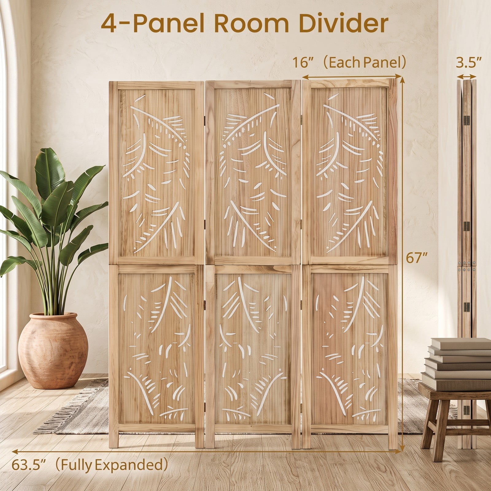 ALPULON 4-Panel Wooden Room Divider Freestanding Folding Privacy Screen with Palm Leaf Design & Paulownia Frame for Home Bedroom Office, Natural