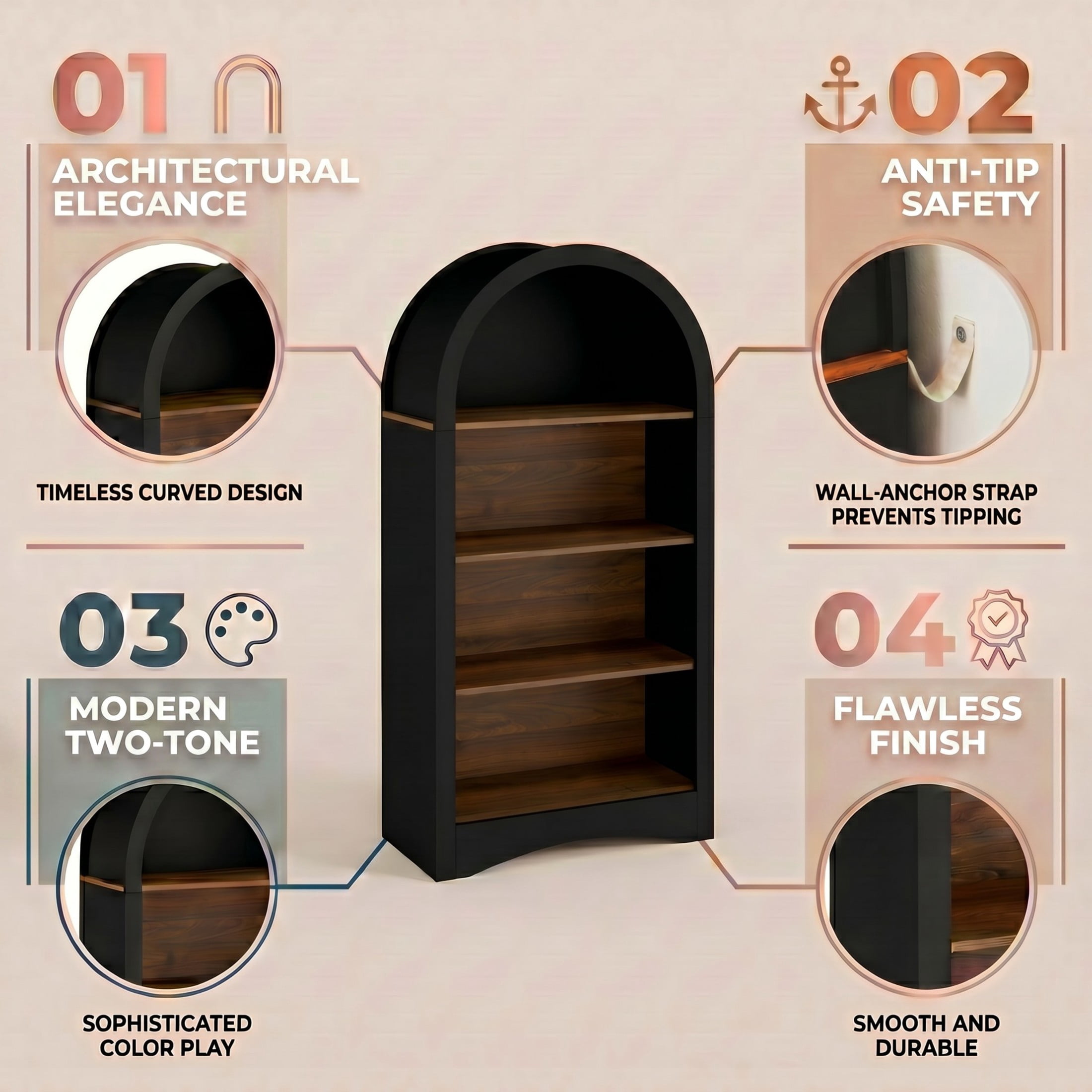 Noble House Eliver Freestanding Arched Storage Bookcase & Display Rack, Accent Space-Saving 4-Tier Open Shelf, Black