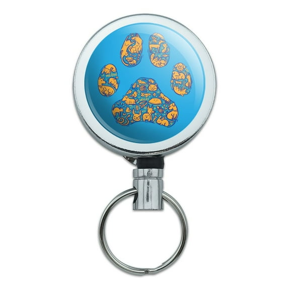 Pets Paw Print with Dog Cat Animal Details Heavy Duty Metal Retractable Reel ID Badge Key Card Tag Holder with Belt Clip