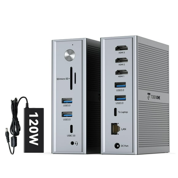 TobenONE DisplayLink Docking Station 3 Monitors, 14-in-1 USB C Triple Monitor Docking Station for M1 M2 M3 M4 MacBook/Mac mini, Windows, Chrome (3HDMI, 120W Power Supply