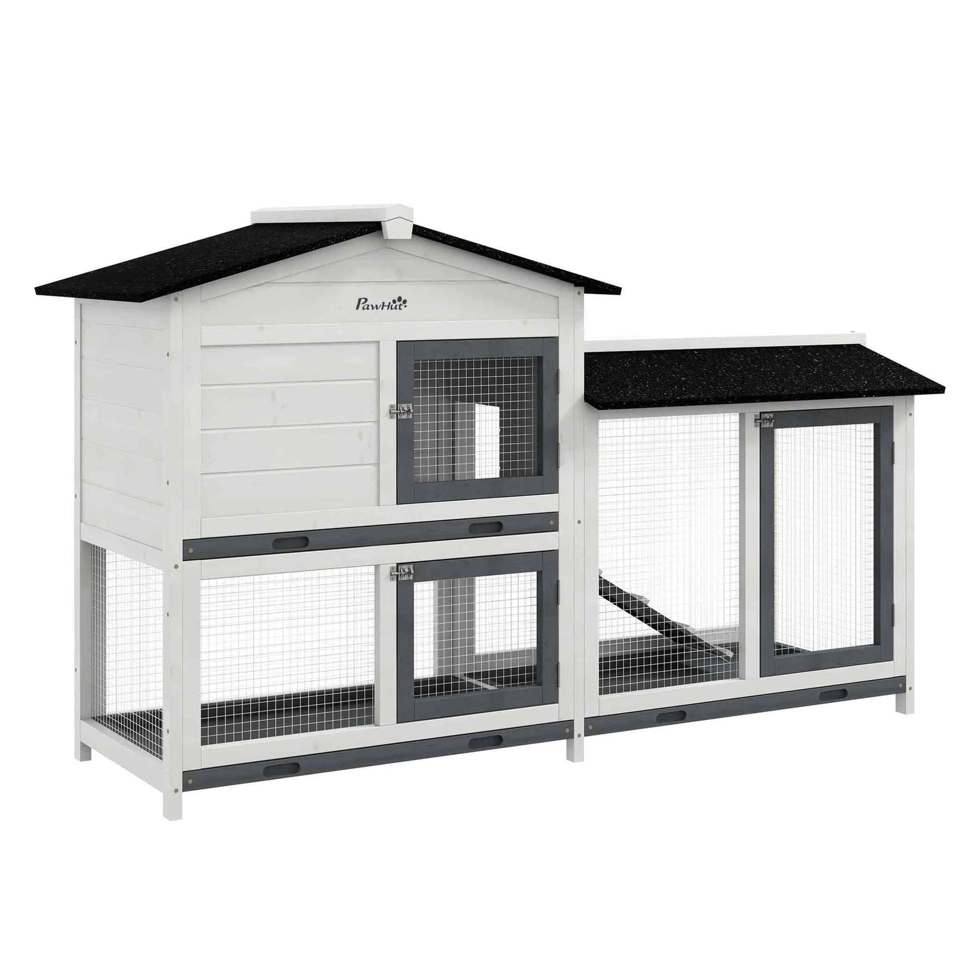62" Rabbit Hutch Wooden Bunny Cage, Guinea Pig Habitat, Small Animal Enclosure with Run, Removable Tray & Asphalt Roof, White