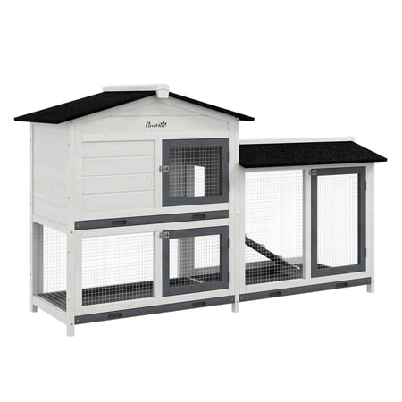 62" Rabbit Hutch Wooden Bunny Cage, Guinea Pig Habitat, Small Animal Enclosure with Run, Removable Tray & Asphalt Roof, White
