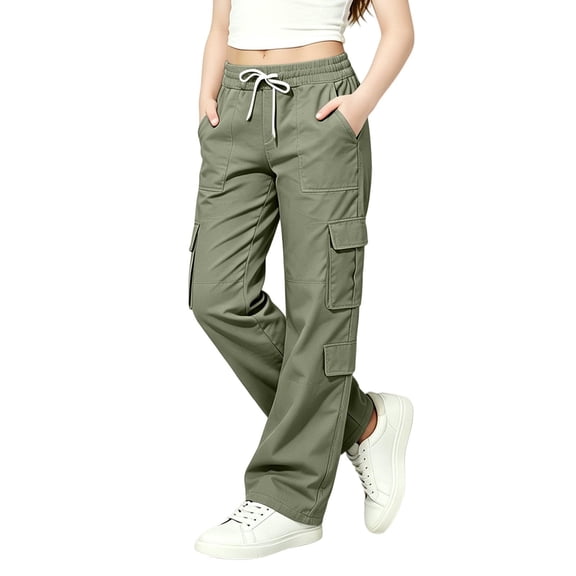 Tfken Children Soft Lightweight Pants Daily School Wear Girls Cargo Pants With Pockets School Uniform Loose Trendy Kids Breathable Clothes Size 5-6 Years Green
