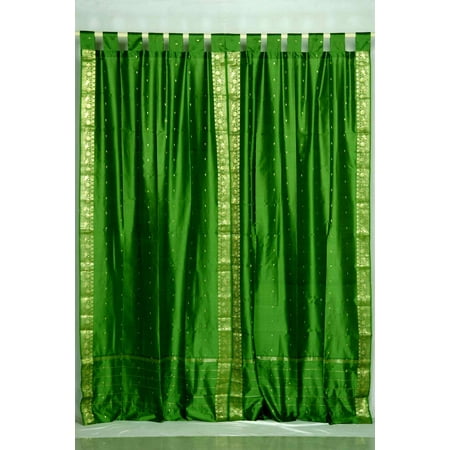 Forest Green Tab Top Sheer Sari Curtain Drape Panel Pair