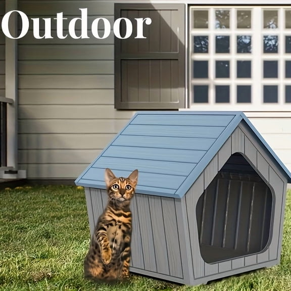 23.4"x22.6"x22.8" Imitation Wood Cat House - Weather-Resistant Outdoor/Indoor Shelter with Raised Floor & Resin Roof - Easy Assembly Pet Playhouse