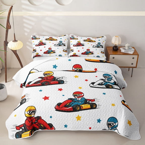 Manfei Cute Race Car Twin Quilt Set,Kawaii Stars Twin Coverlet Set,White,2 Pieces