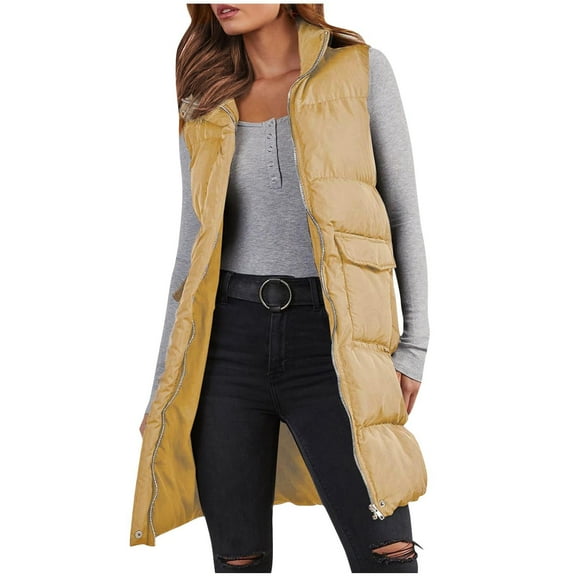 TFEOQRY Women's Mid-Length Padded Coats Vest Thermal Solid Color Long Jacket Tank Top with Pocket Winter Sleeveless Down Parkas Khaki
