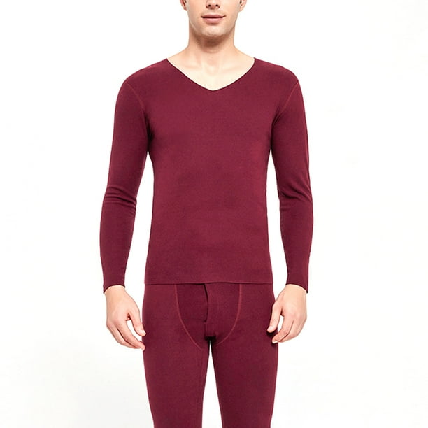 Qarigey Conjunto de ropa interior térmica para hombre, engrosamiento sin costuras, Otoño Invierno, hogar, escuela, sueño, capa básica, ropa Ropa interior Vino rojo