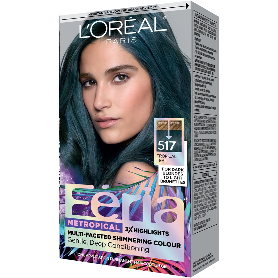 L'Oreal Paris Feria Multi-Faceted Shimmering Permanent Hair Color, 517  Tropical Teal, 1 kit 