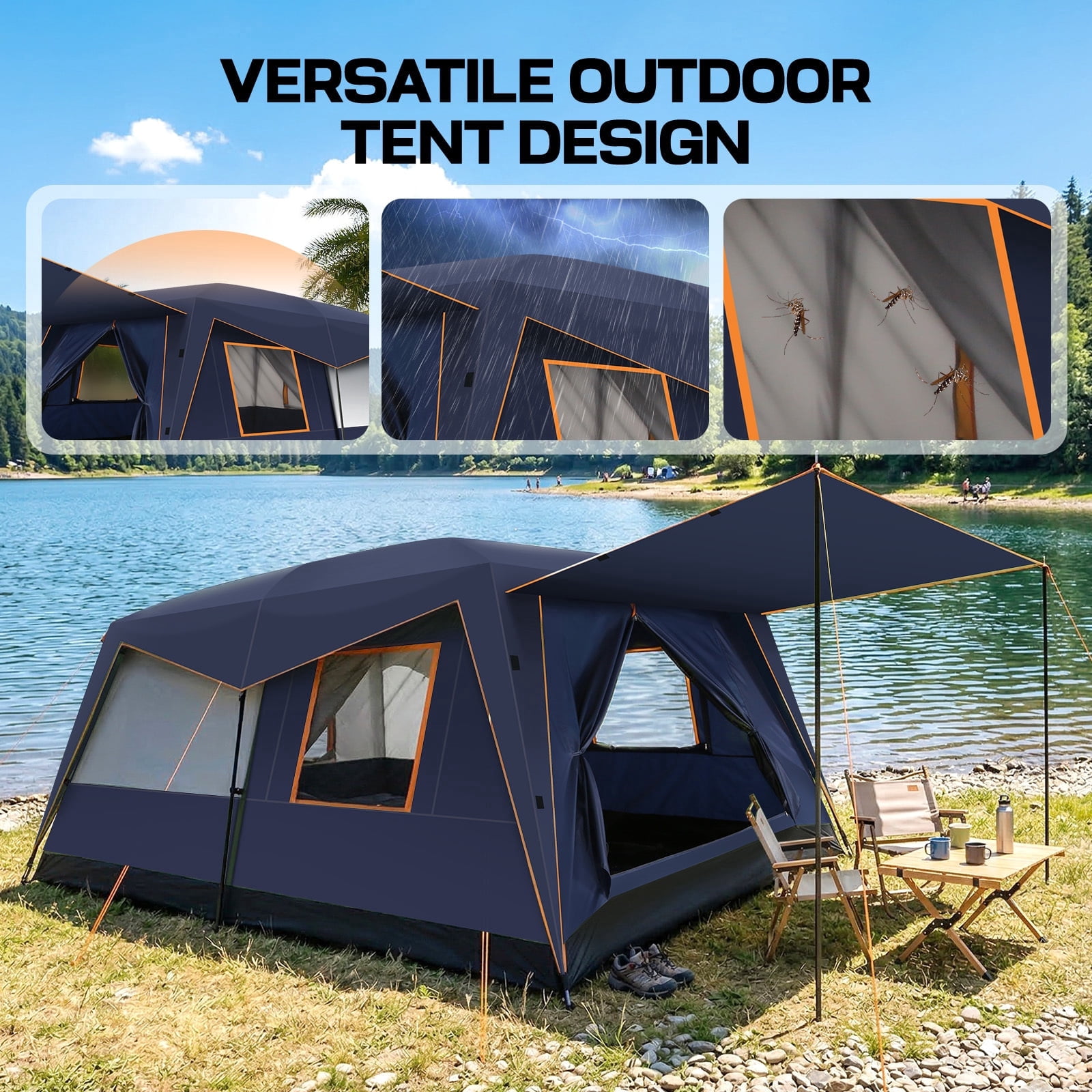 SANOPY 10 Person Camping Tent，14×10 FT Waterproof & Windproof,Easy Manual Setup with 8 Wind Ropes & 14 Ground Nails, Ideal for Family & Group Outdoor Trips, Dark Blue