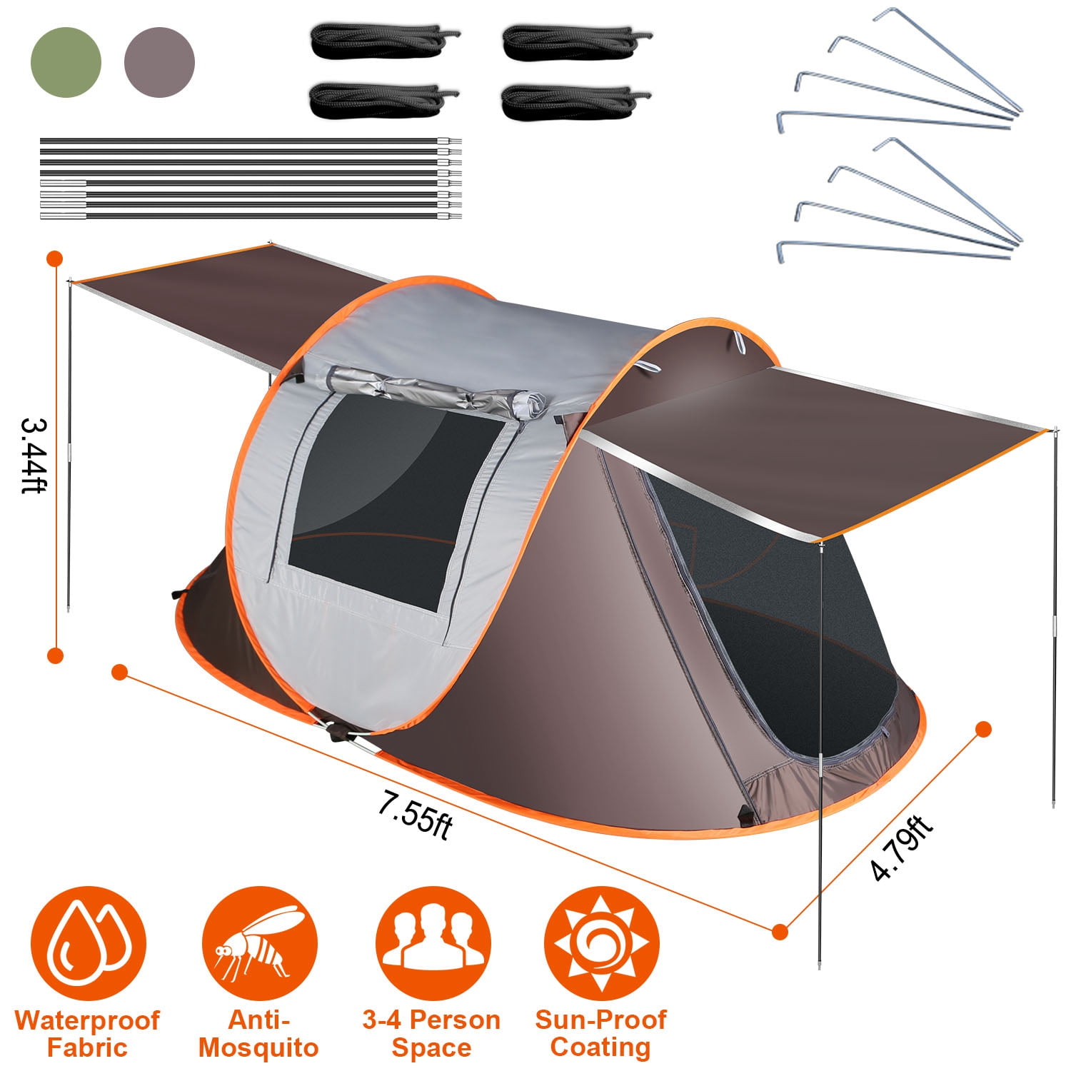iMounTEK Pop Up Tent, Outdoor Hiking Tent Water Resistant Barrel Style Tent With Rain Fly And Carry Bag for 3-8 Person，Khaki/Green