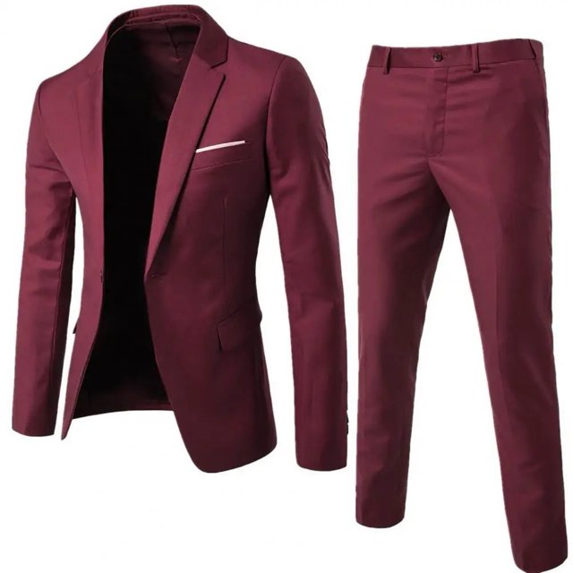 1 Set Men Blazer Pants Set Solid Color Long Sleeve Slim Fit Turndown Collar Temperament One Button Pockets Suit Set Male Clothes