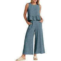 Women'S Casual Sleeveless Pleated Round Neck Vest Wide Leg Cropped Pants Set Gray Blue M