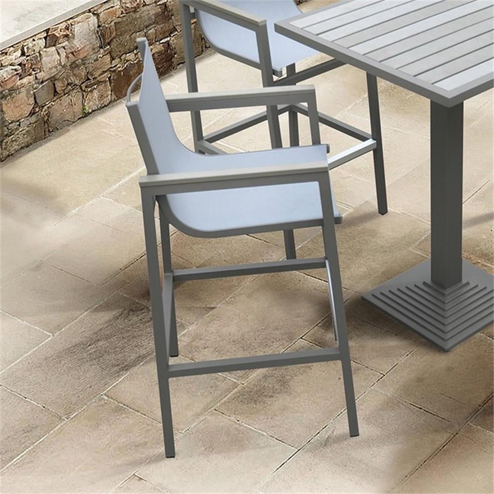 Armen Living Marina Outdoor Patio Barstool in&nbsp;Grey Powder Coated Finish with Grey&nbsp;Sling Textilene and Grey Wood Accent Arms