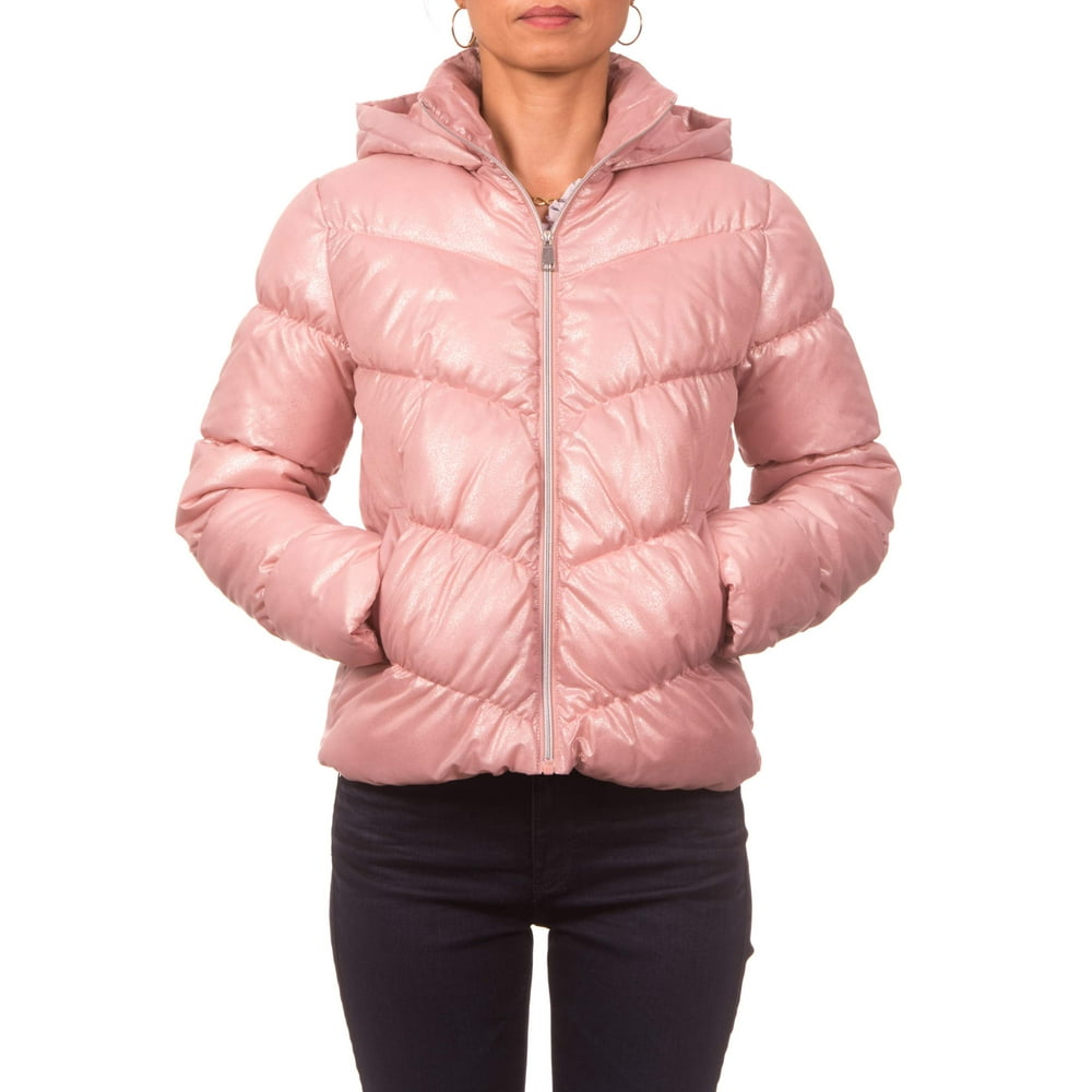Pink Platinum Juniors Spray Foil Printed Puffer Jacket