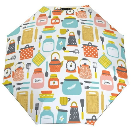 

ANYWAY.GO Windproof & Water-Resistant Compact Foldable Travel Umbrellatotes Pattern Kitchenware Pans Portable Travel Umbrella，Diameter 42.5 in