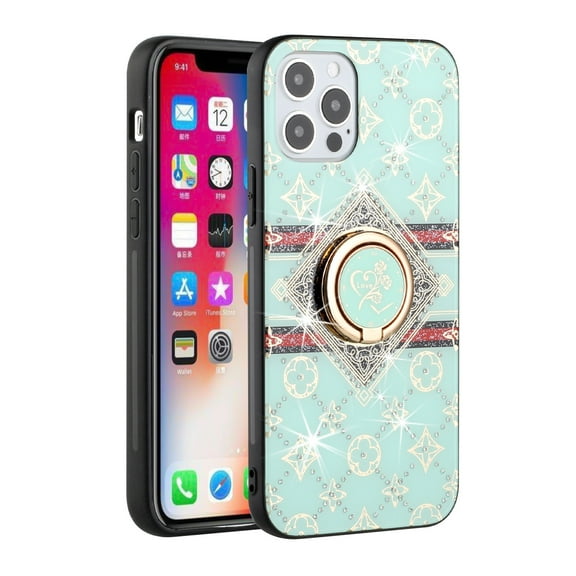 For Apple iPhone XR Diamond Bling Sparkly Glitter Ornaments Hybrid Armor Ring Stand Holder Rugged Fashion Cover ,Xpm Phone Case [ Teal Love Floral ]