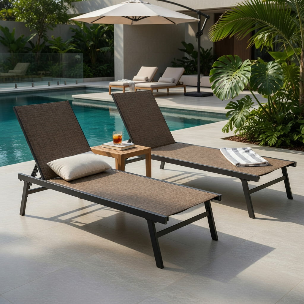Hommoo 2-Person Adjustable Outdoor Chaise Lounge Chair with Weatherproof Center Tray, Steel Patio Recliner for Backyard, Poolside, or Deck, Brown