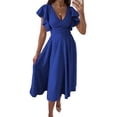 thumbnail image 1 of Vestido corto de manga con volantes para mujer, elegante, de Color puro, con cuello en V, cintura fruncida, vestido a media pierna para el trabajo, 1 of 5