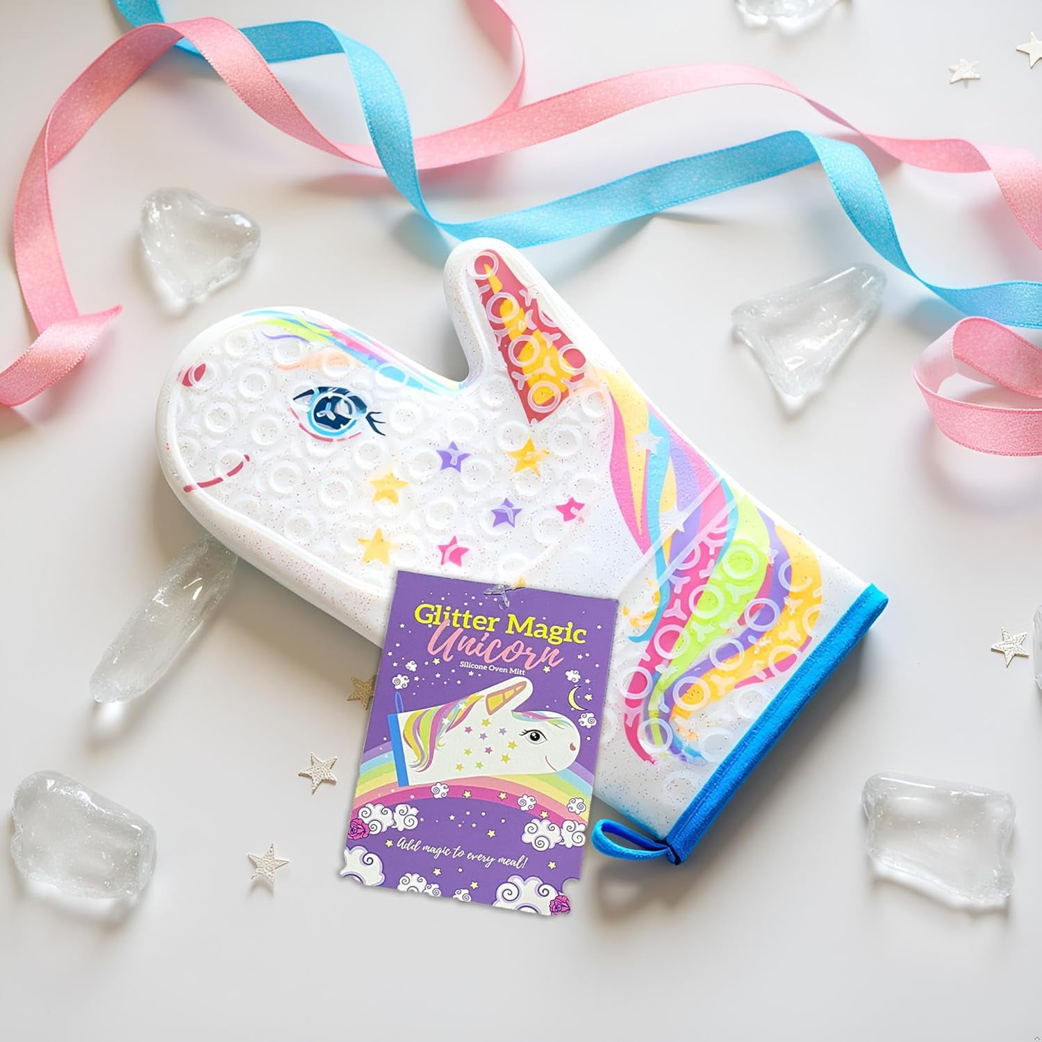 Glitter Magic Unicorn Silicone Oven Mitt - Funny Oven Mitts - Heat Resistant Kitchen Glove, Soft Silicone, Quilted Fabric Lining