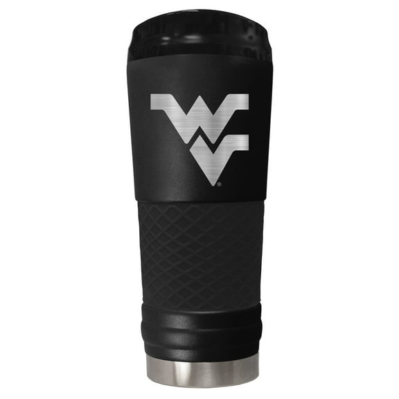 West Virginia 24 ounce vacuum insulated stainless steel tumbler in black powder coat and laser etched team logo