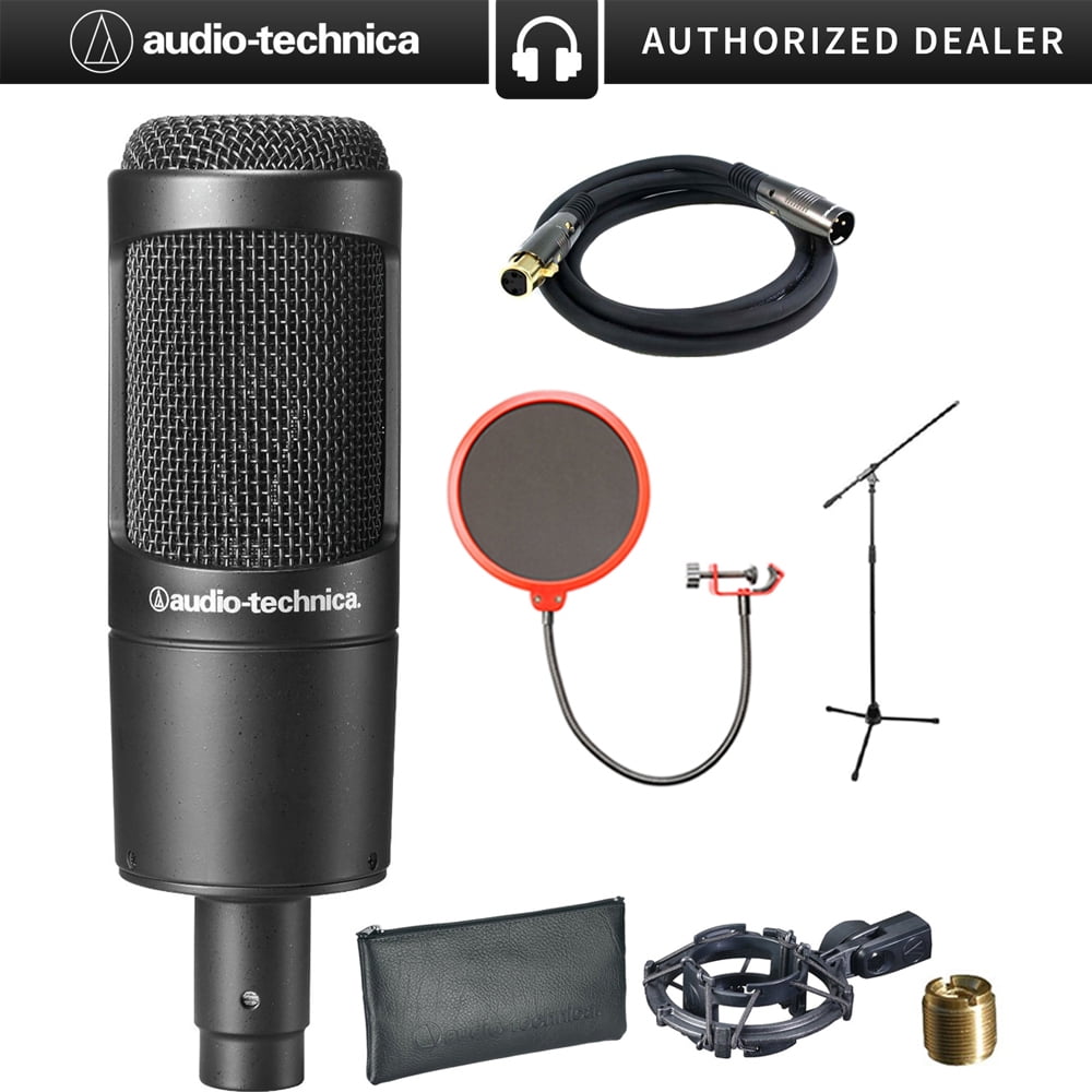 Audio-Technica Cardioid Condenser Microphone (AT2035) with XLR 10' Male to Female Gold Plated Cable, Microphone Wind Screen with Mic Stand Clip & Professional Microphone Stand with Boom