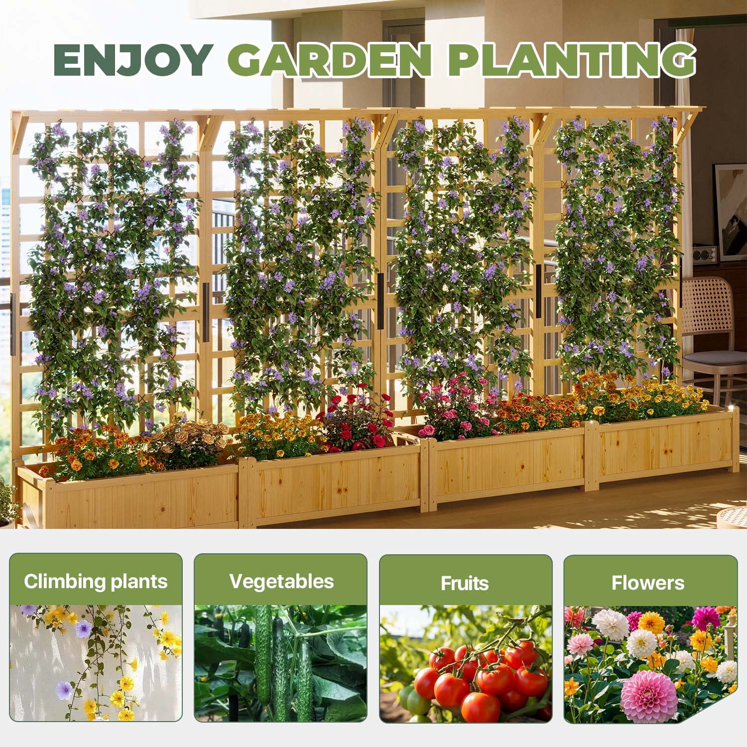 BaPiPro Yellow-Brown Tall Wood Planter Box with Trellis - 72" Raised Garden Bed with Hanging Roof, Outdoor Elevated Planter for Climbing Plants, Flowers - 2-Pack for Patio, Balcony