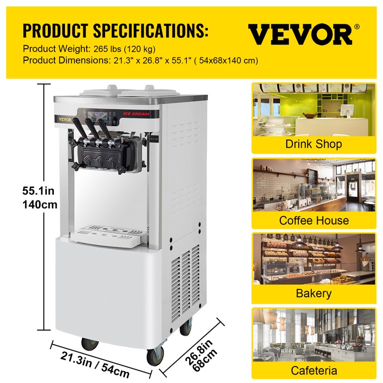 VEVOR Commercial Ice Cream Machine, 10-20L/H Yield, 1000W Countertop Soft  Serve Maker with 4.5L Hopper 1.6L Cylinder Touch Screen Puffing Shortage