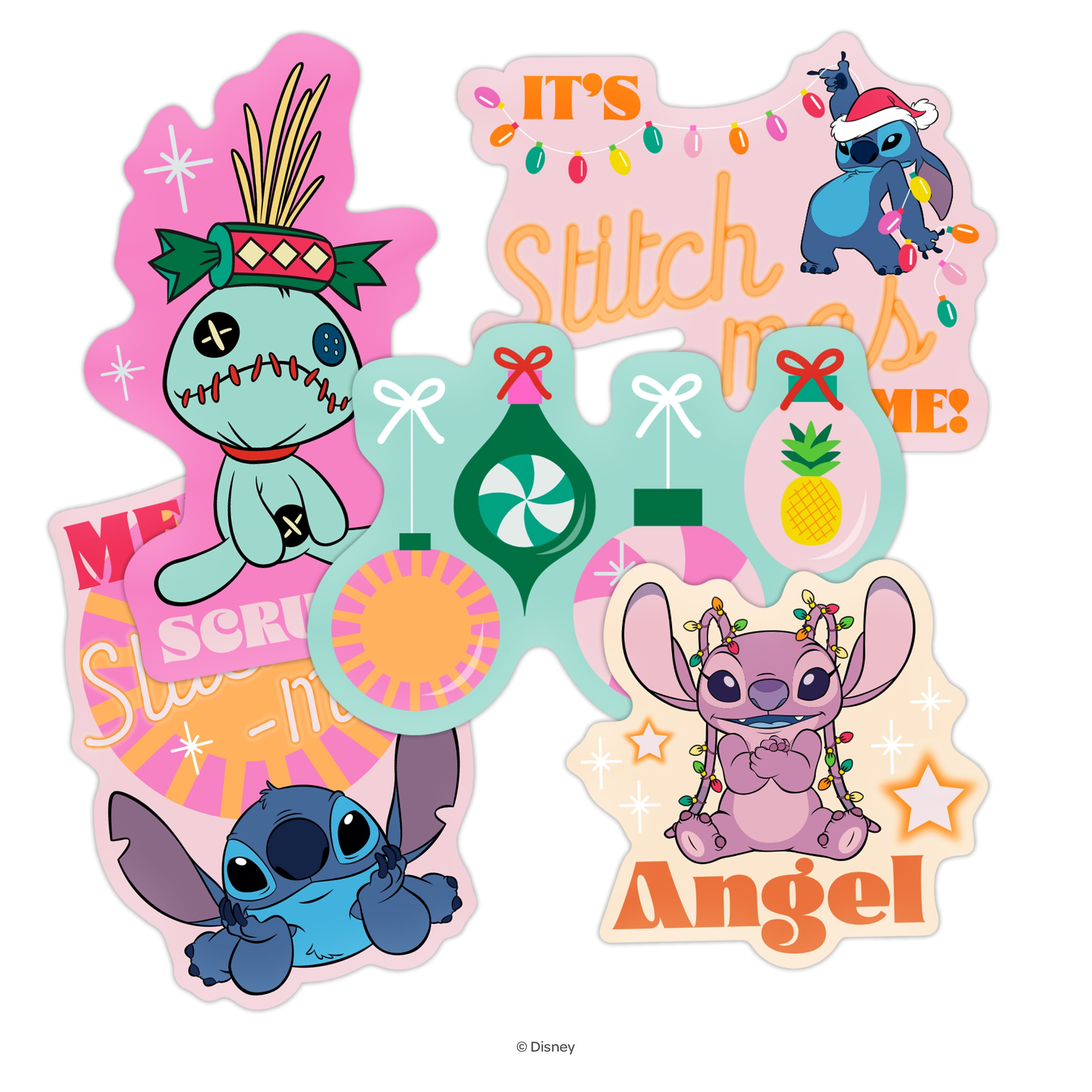 Disney Lilo and Stitch Christmas Holiday 18-Pack Glow In The Dark Vinyl Sticker, 18-pack Glow-In-The-Dark vinyl stickers in holiday artwork