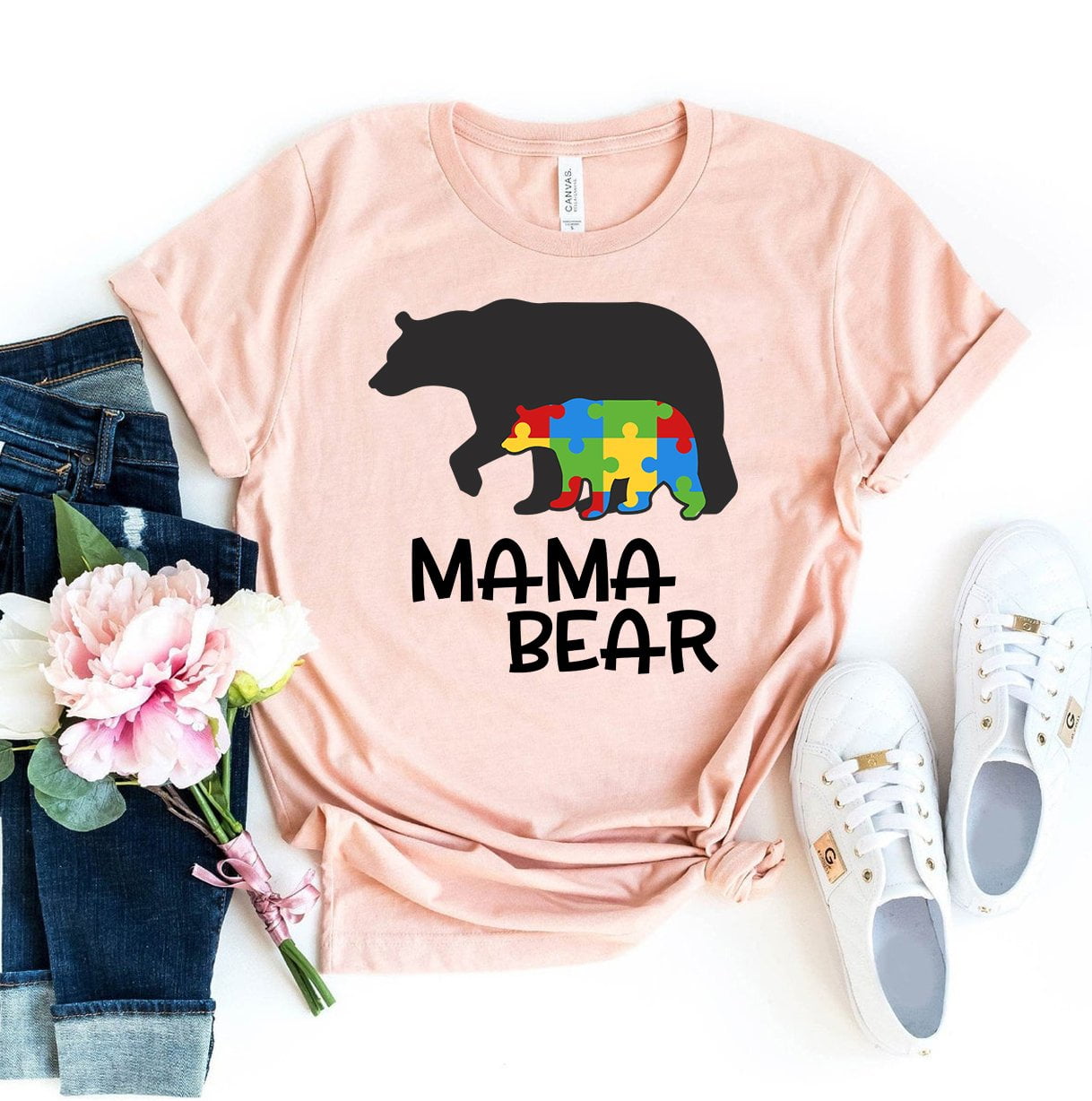 Women's Mama Bear Autism Awareness short sleeve t-shirt