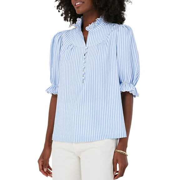 Women's Sky Blue Stripe Ruffled Collar Puff Sleeve Blouse with Half Buttons | [ZhiHiMeRi] | (US 12-14)L